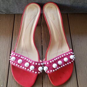 EUC kate spade Burlap Beaded Kitten Heel Slide Sandals (8.5) flirty berry